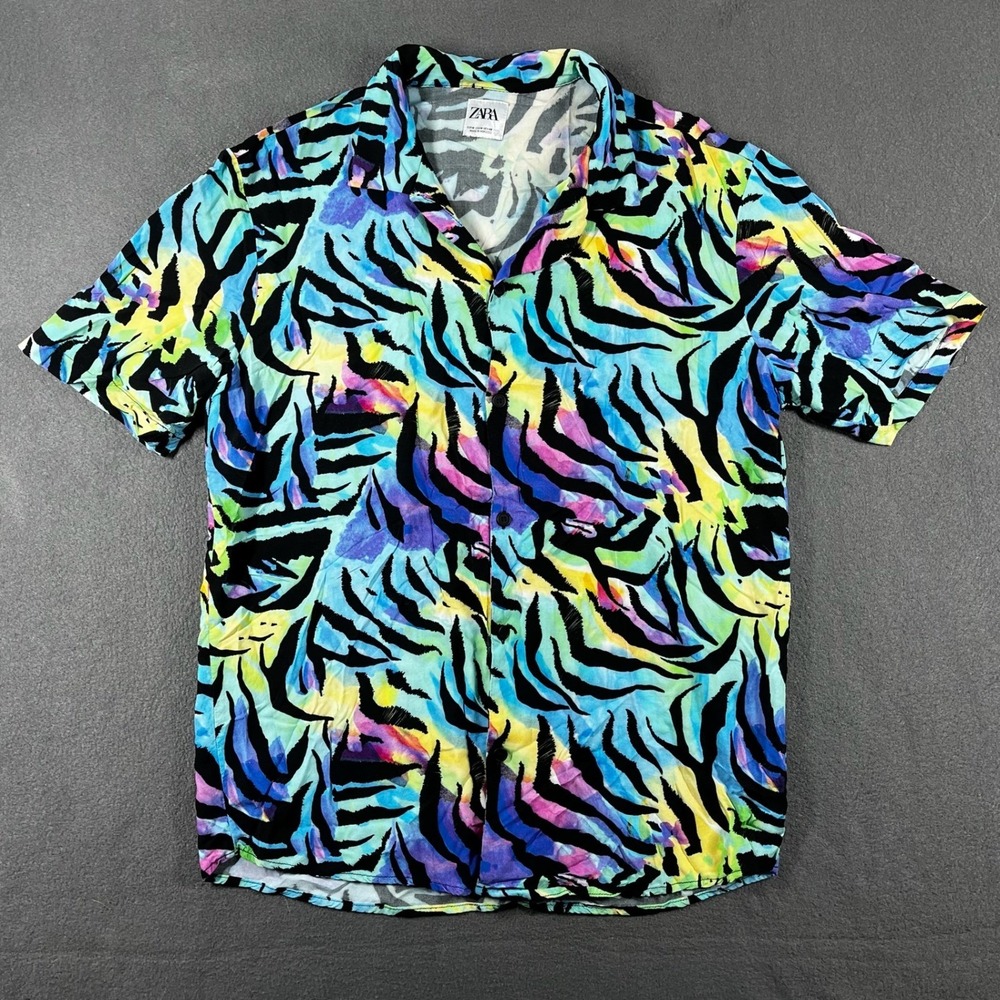 Zara Men Shirt Multicolor Tiger Stripe Watercolor Medium Relaxed Camp Button Up